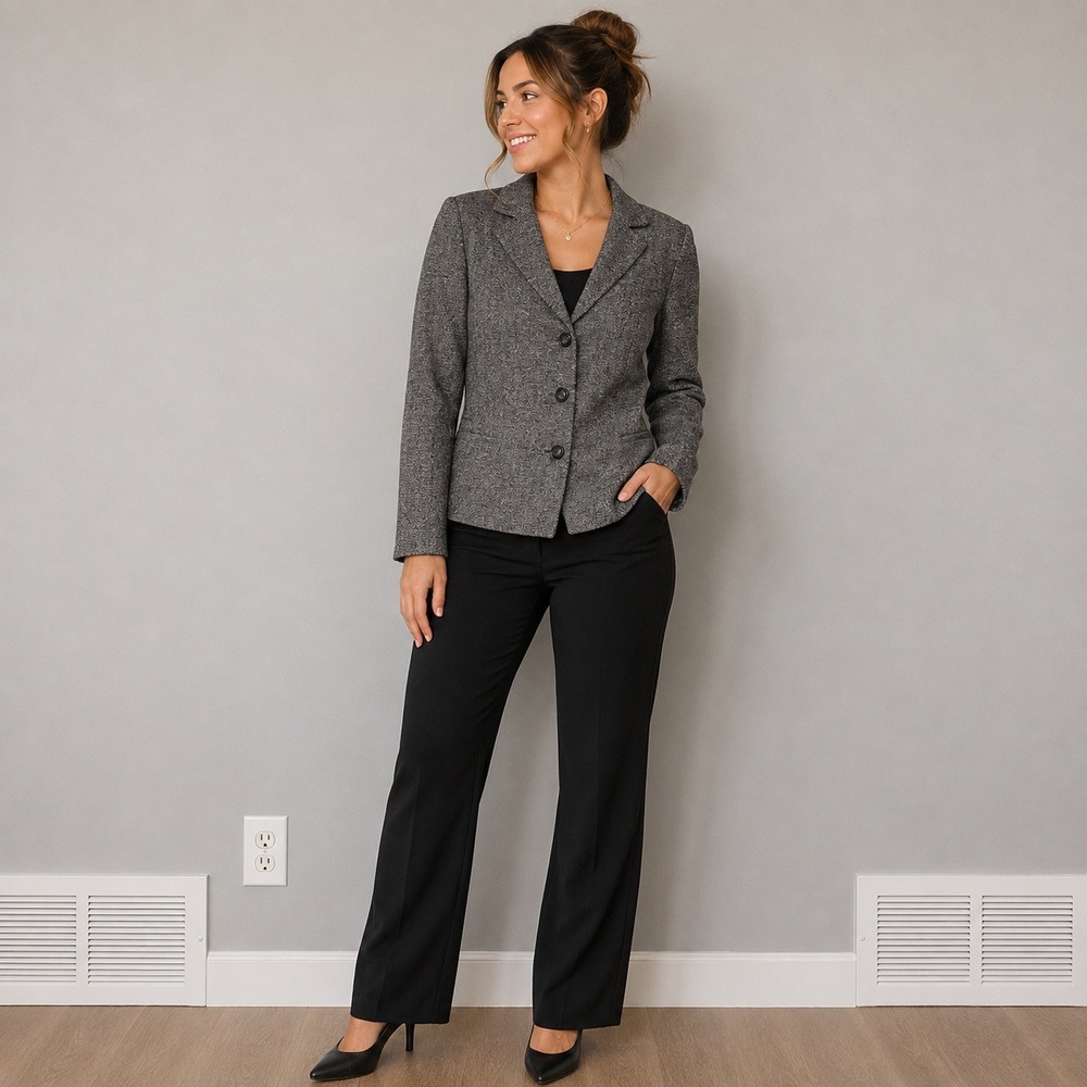 Le Suit Essentials Womens Grey Herringbone 3 Button Blazer Jacket Size 8